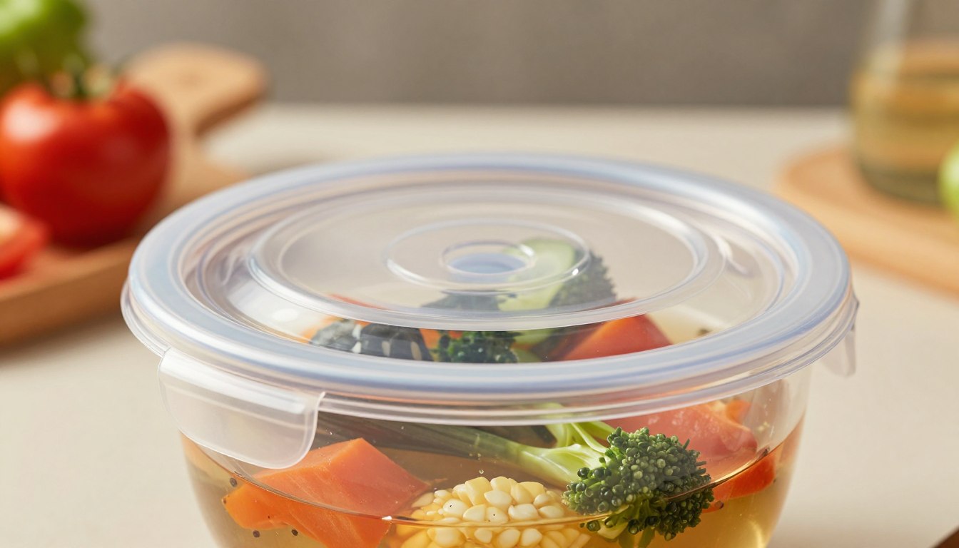 Sealed plastic container with fresh vegetables in broth, placed on a kitchen counter.