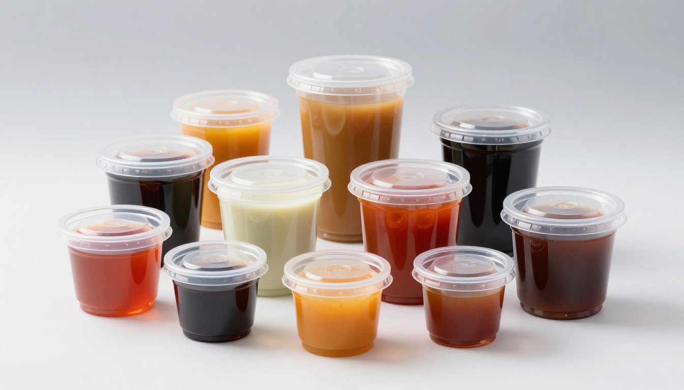 Assorted sauces in clear plastic containers.