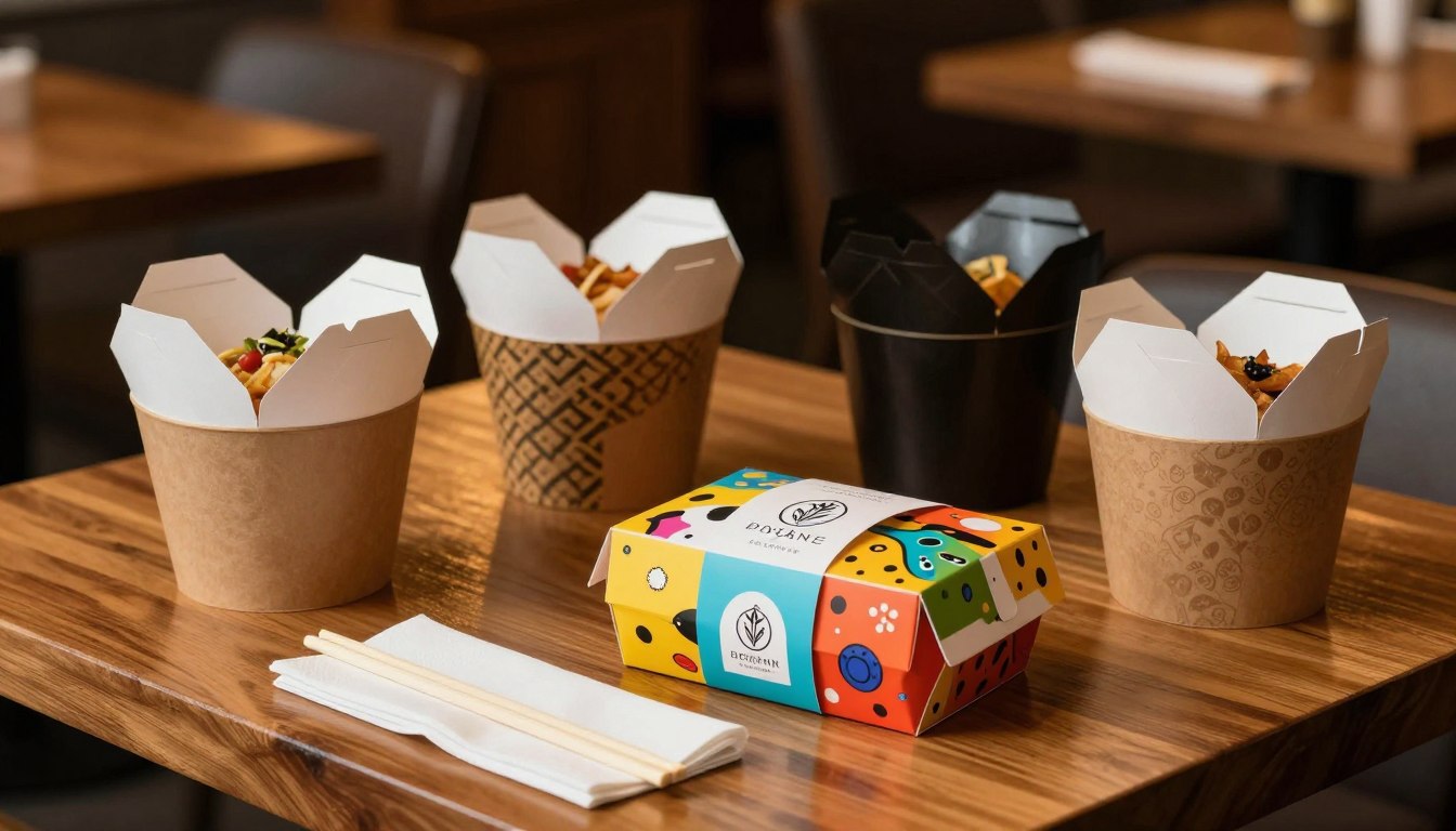 Takeout boxes with noodles on a wooden table, colorful packaging in the foreground.