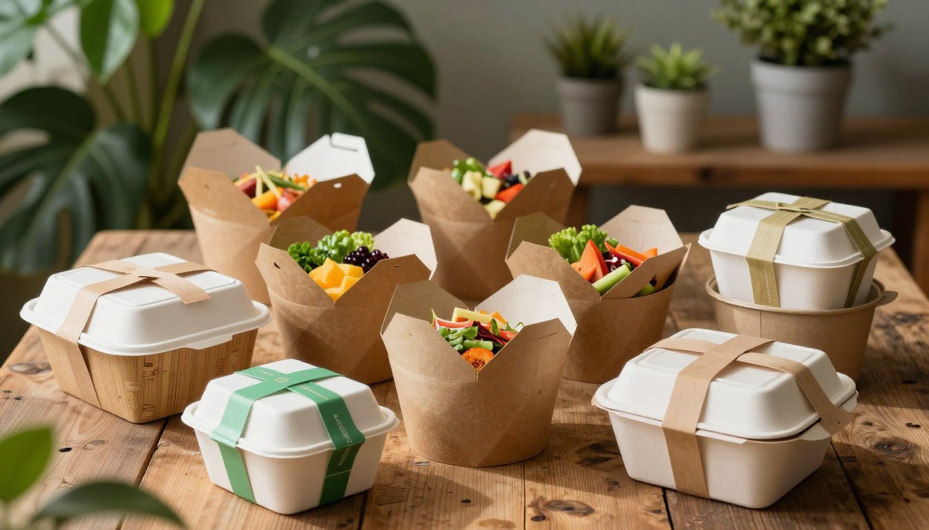 Eco-friendly containers with fresh salad on wooden table.