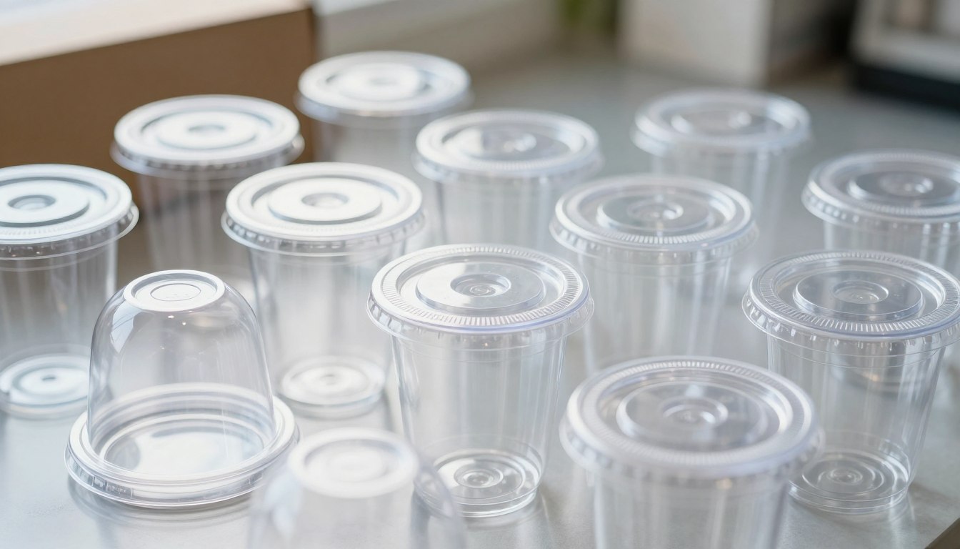 Clear plastic cups with lids arranged on a table.