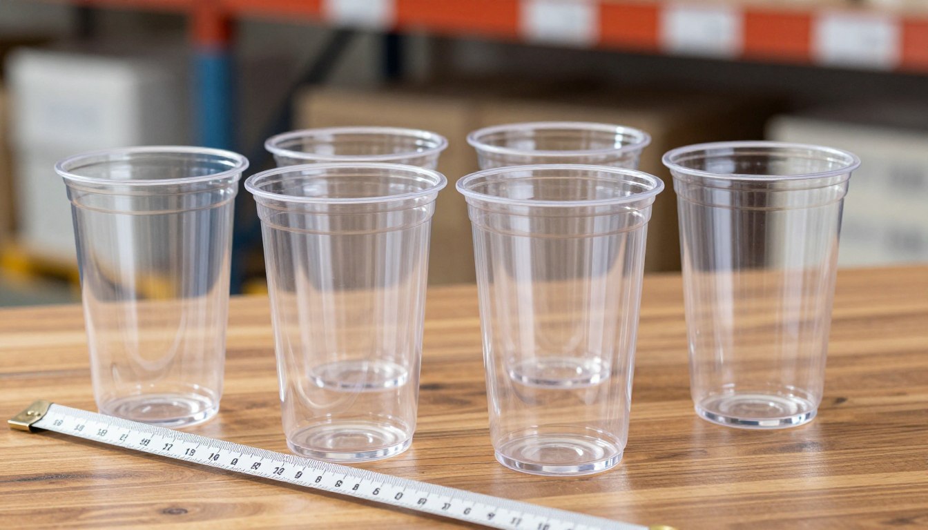Six clear plastic cups on a wooden table, with a measuring tape in front.
