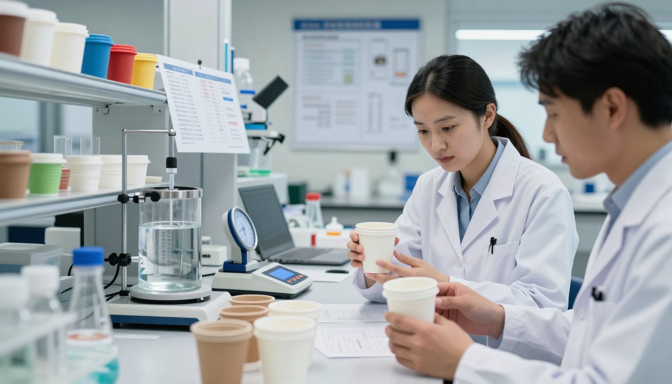 Scientists in lab coats examine eco-friendly cups in a laboratory setting.