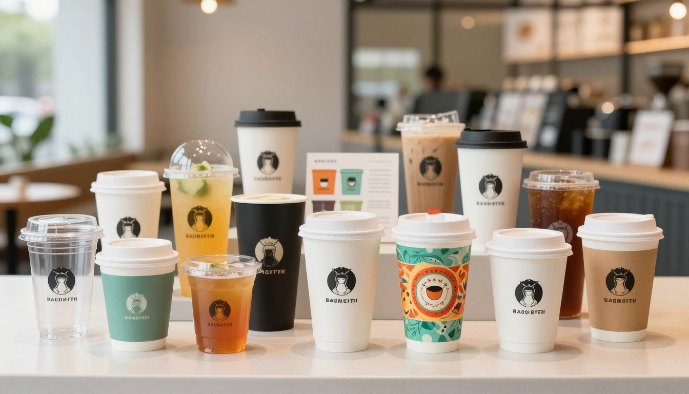 Assorted branded coffee cups on a café counter.