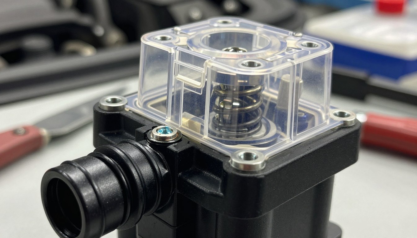 Close-up of a clear plastic valve with a visible spring mechanism.