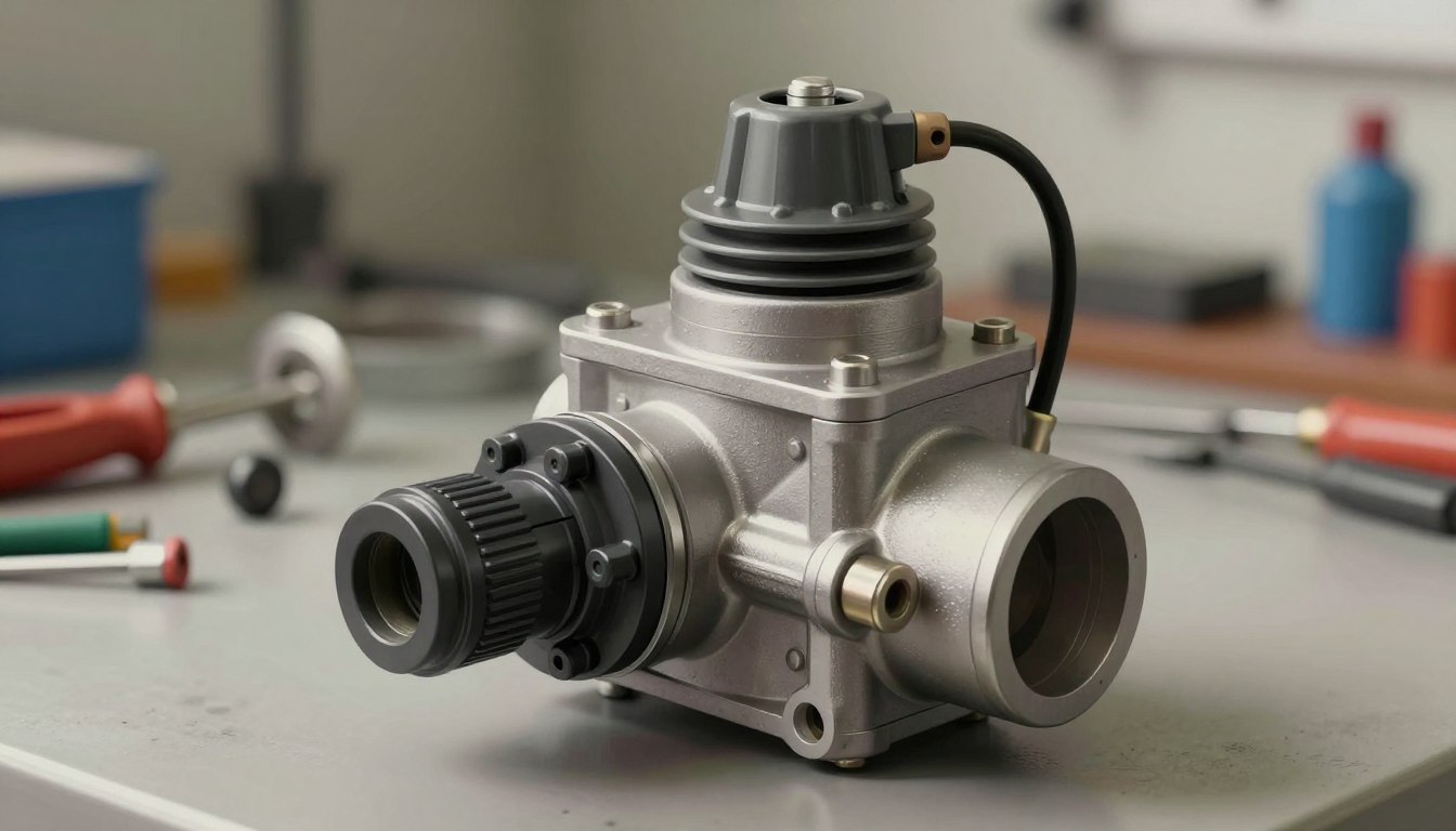 Industrial valve on a workbench surrounded by tools.