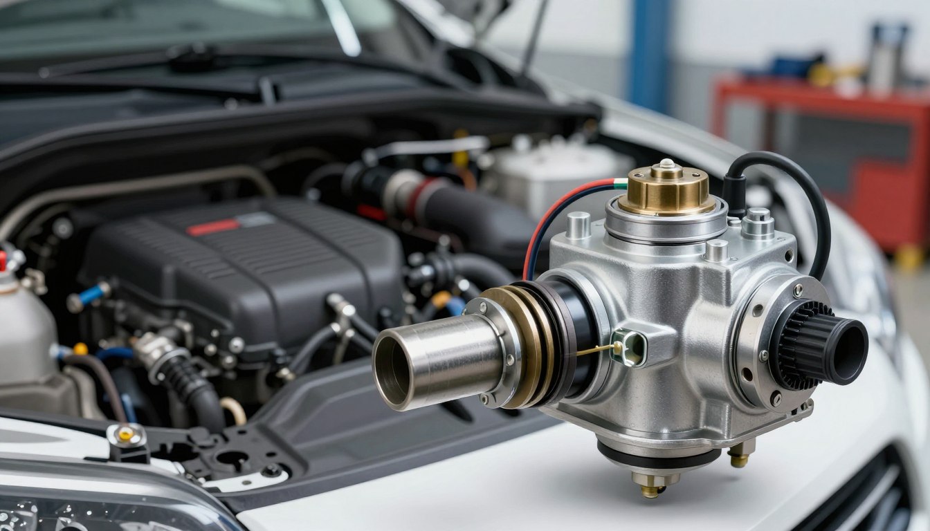 Car engine with turbocharger in a workshop setting.