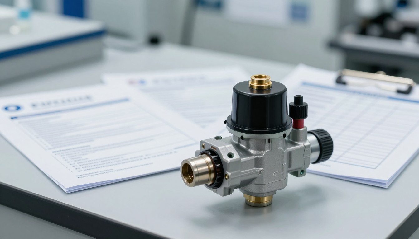 Industrial pressure regulator on a desk with technical documents in the background.