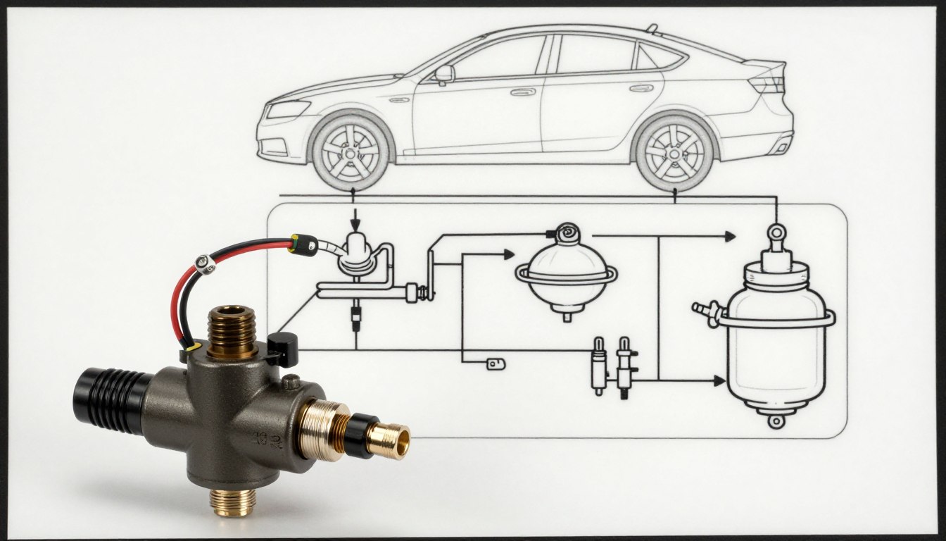 Car part diagram with valve in foreground, showing fluid flow in a vehicle system.