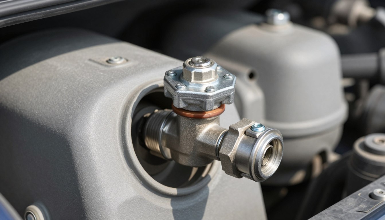 Close-up of a metal valve on industrial equipment.