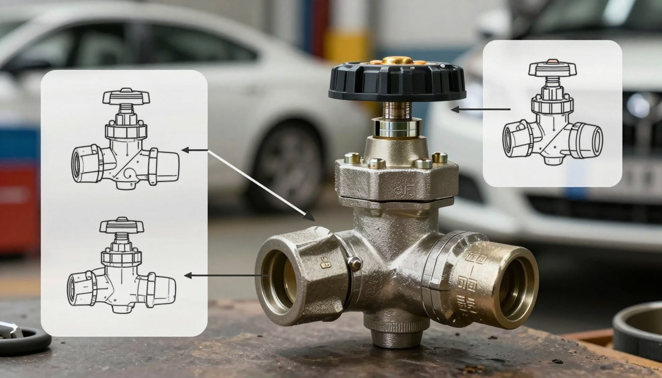 Metal valve with black handle shown with technical illustrations.