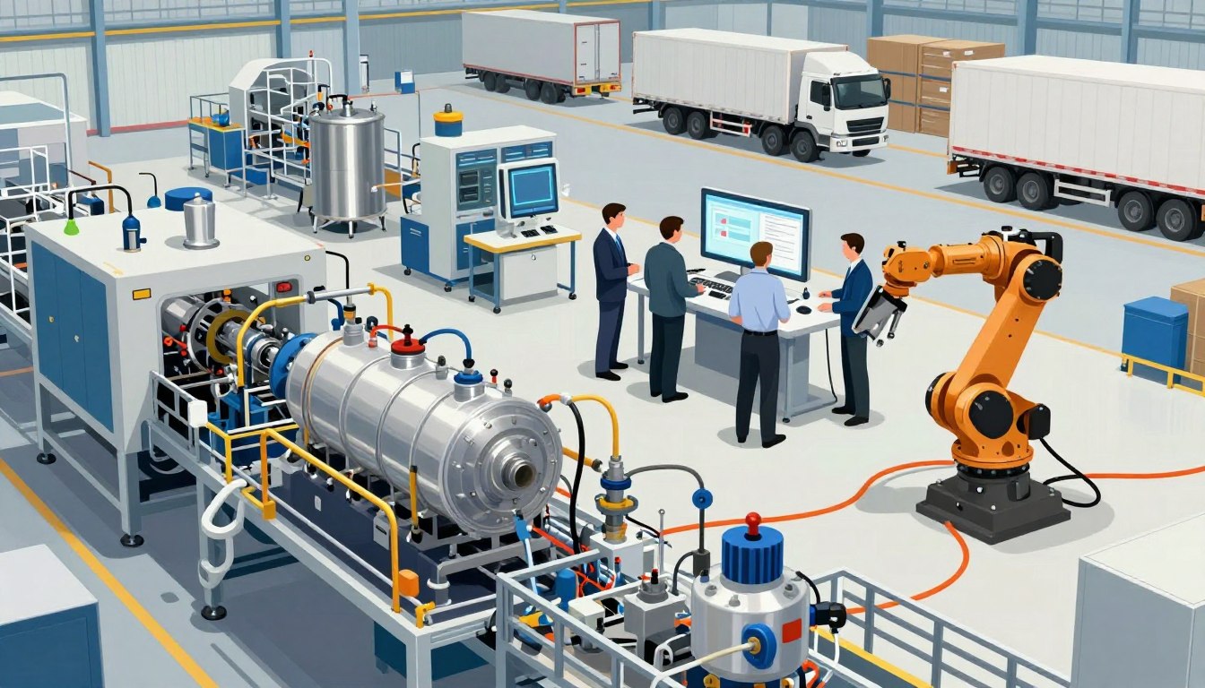 Engineers monitor robotic machinery in a modern factory setting.