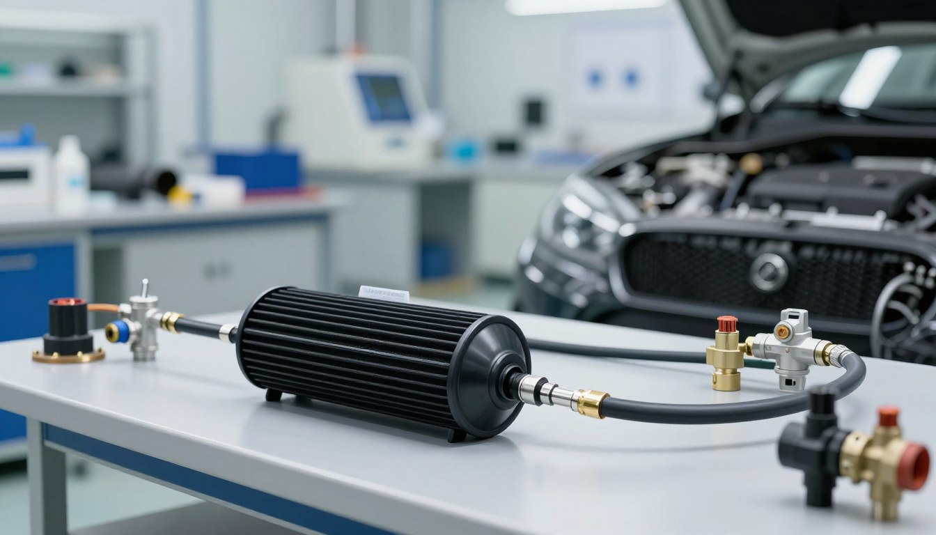 Car repair equipment on a lab table, with an open hood visible in the background.