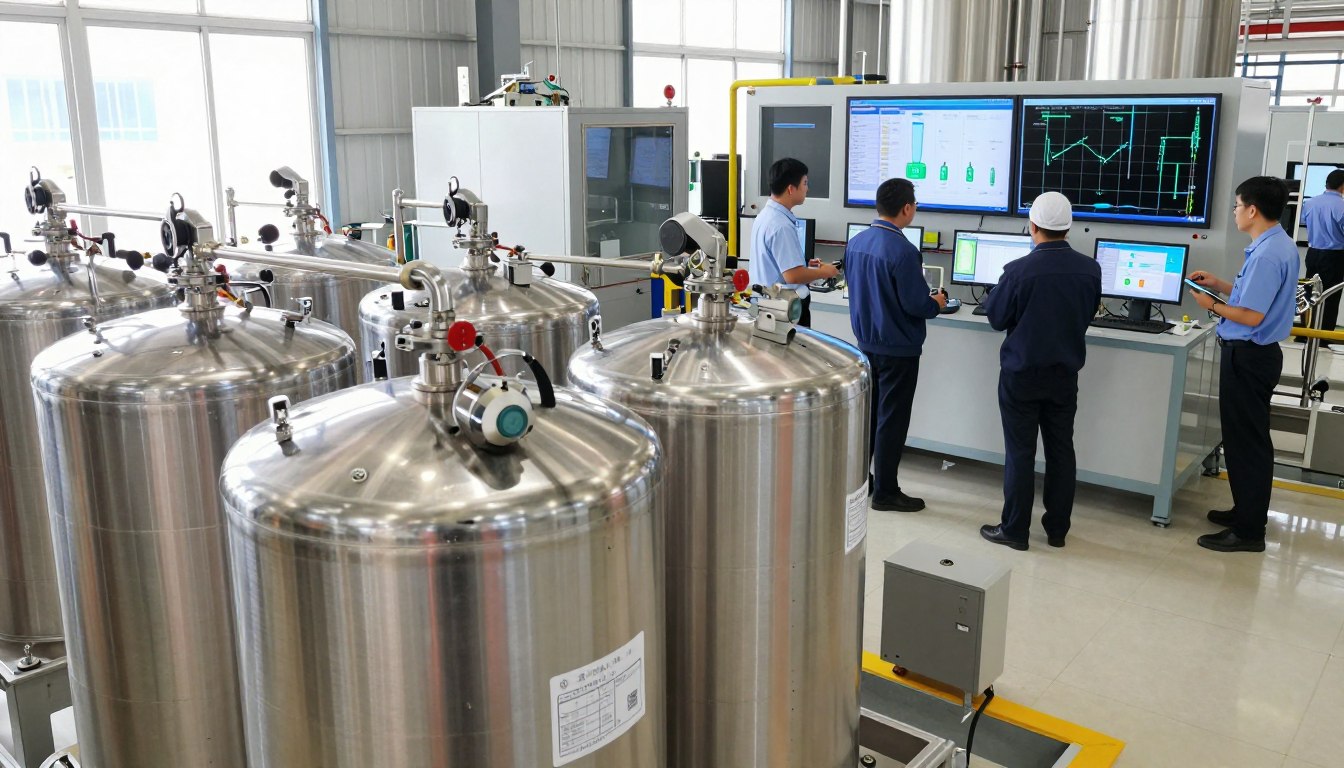 Technicians monitor industrial tanks and data screens in a control room.