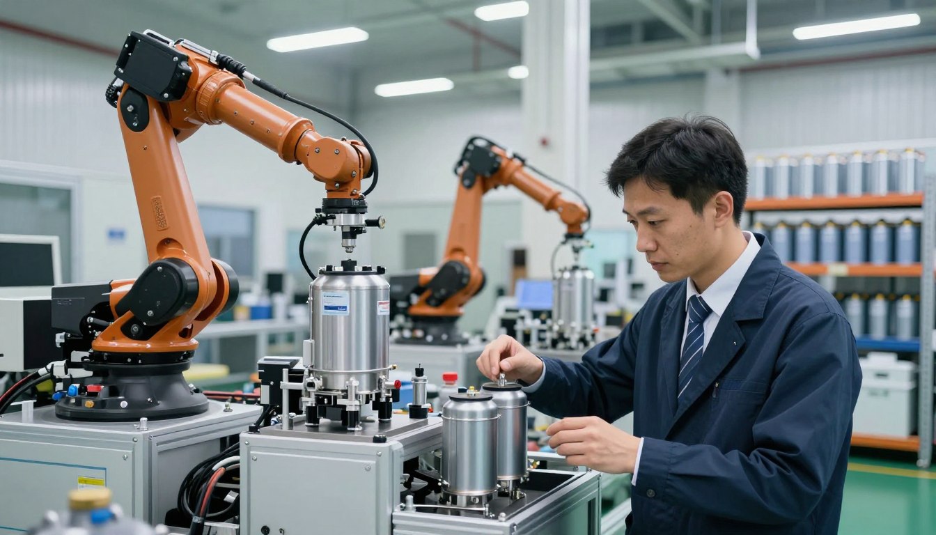 Engineer working on robotic arms in an industrial automation lab.
