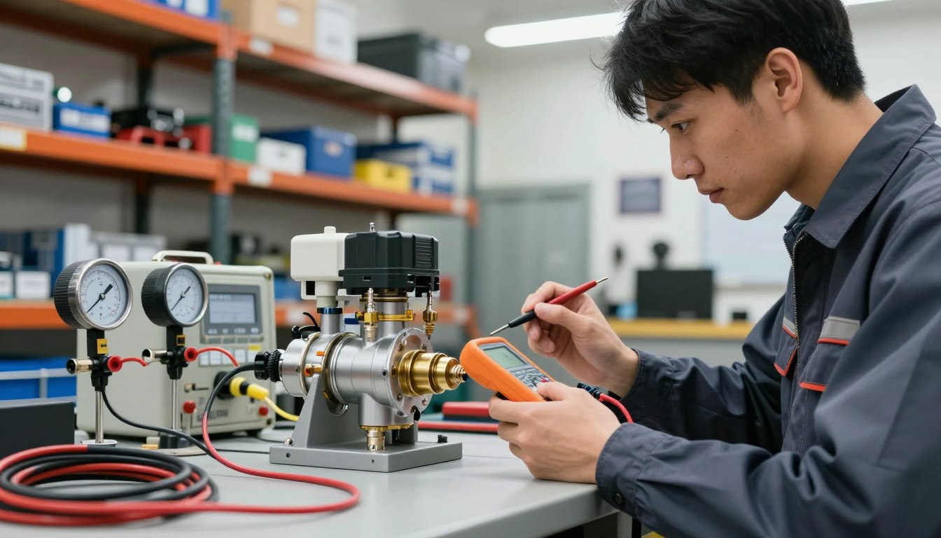 Technician testing machinery with multimeter in workshop.
