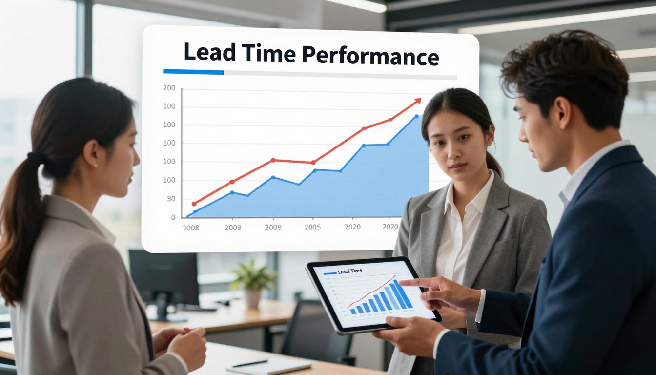 Team discussing lead time performance graph in modern office setting.