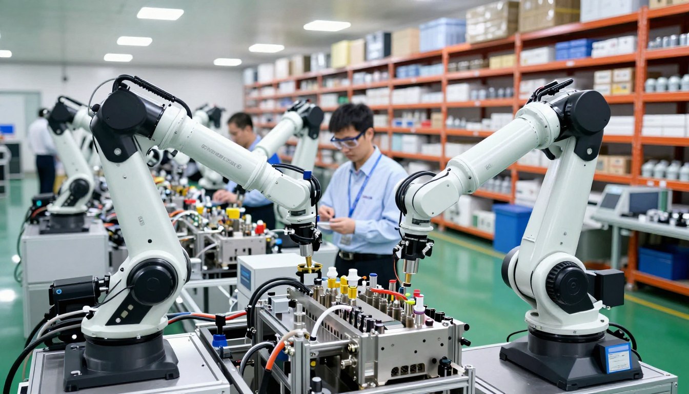 Robotic arms assembling components in a modern industrial facility.
