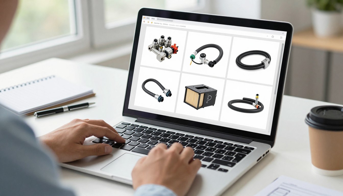 Person browsing a laptop displaying industrial equipment and components in an online catalog.