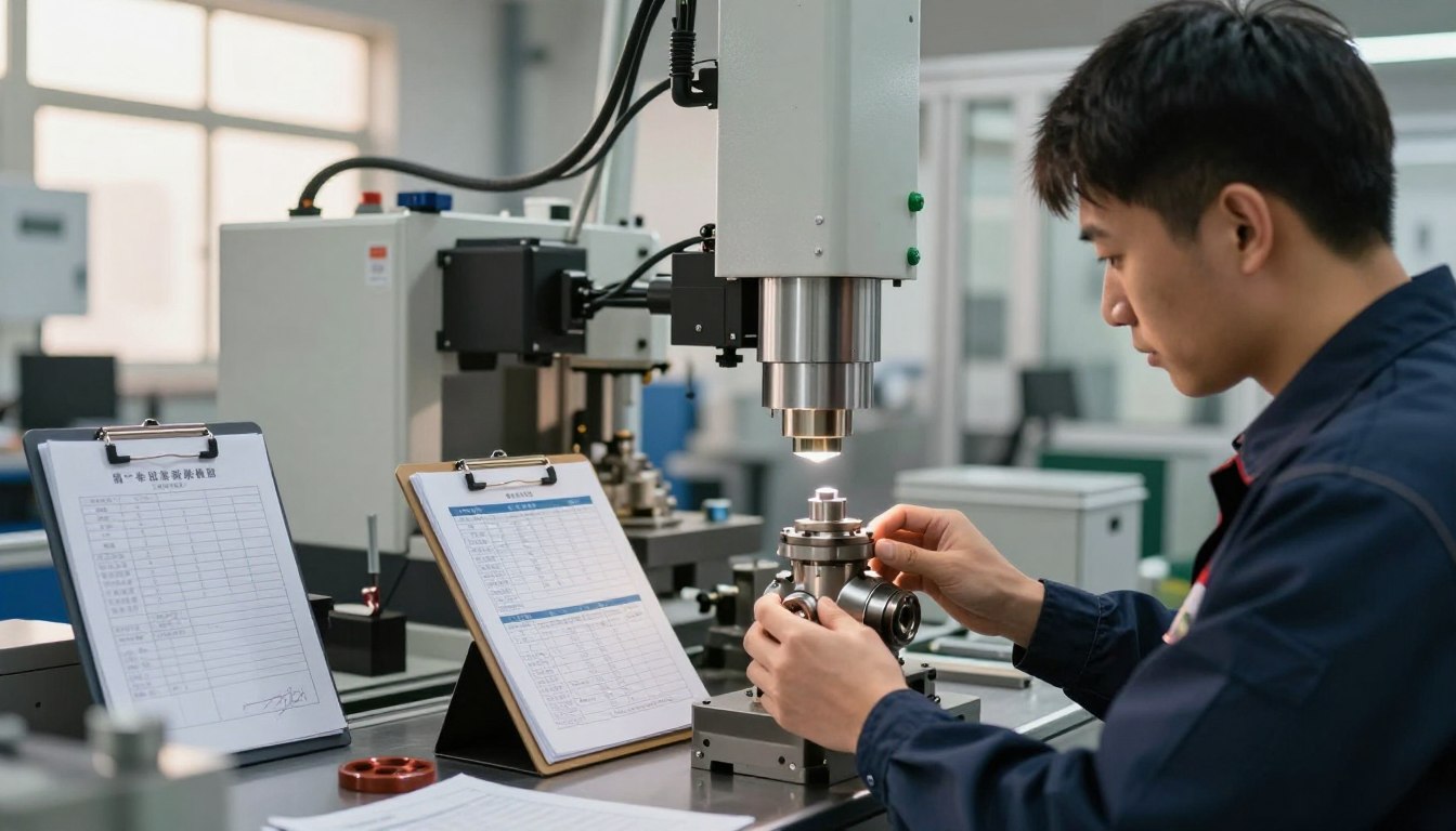 Technician operating precision machinery in a lab with clipboards and measurement data nearby.