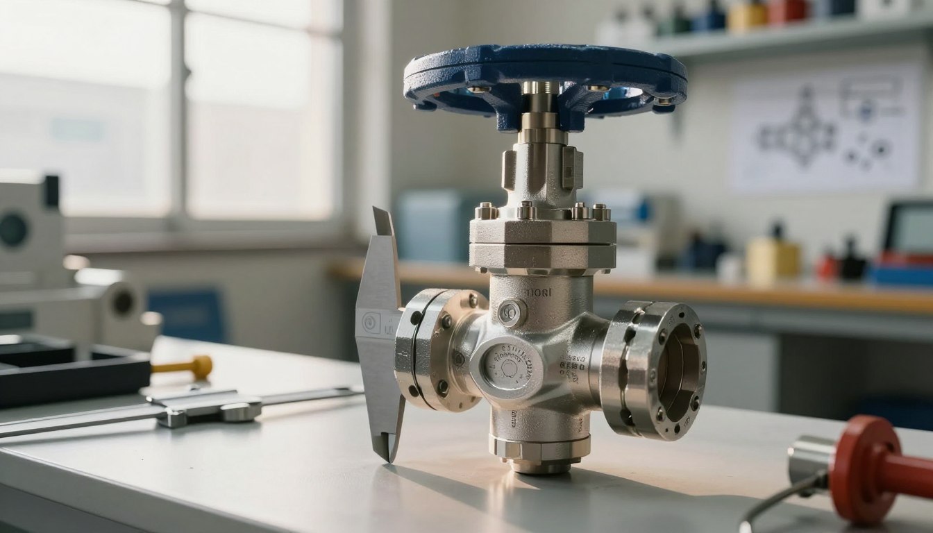 Industrial valve with blue handle on a white table in a workshop setting.