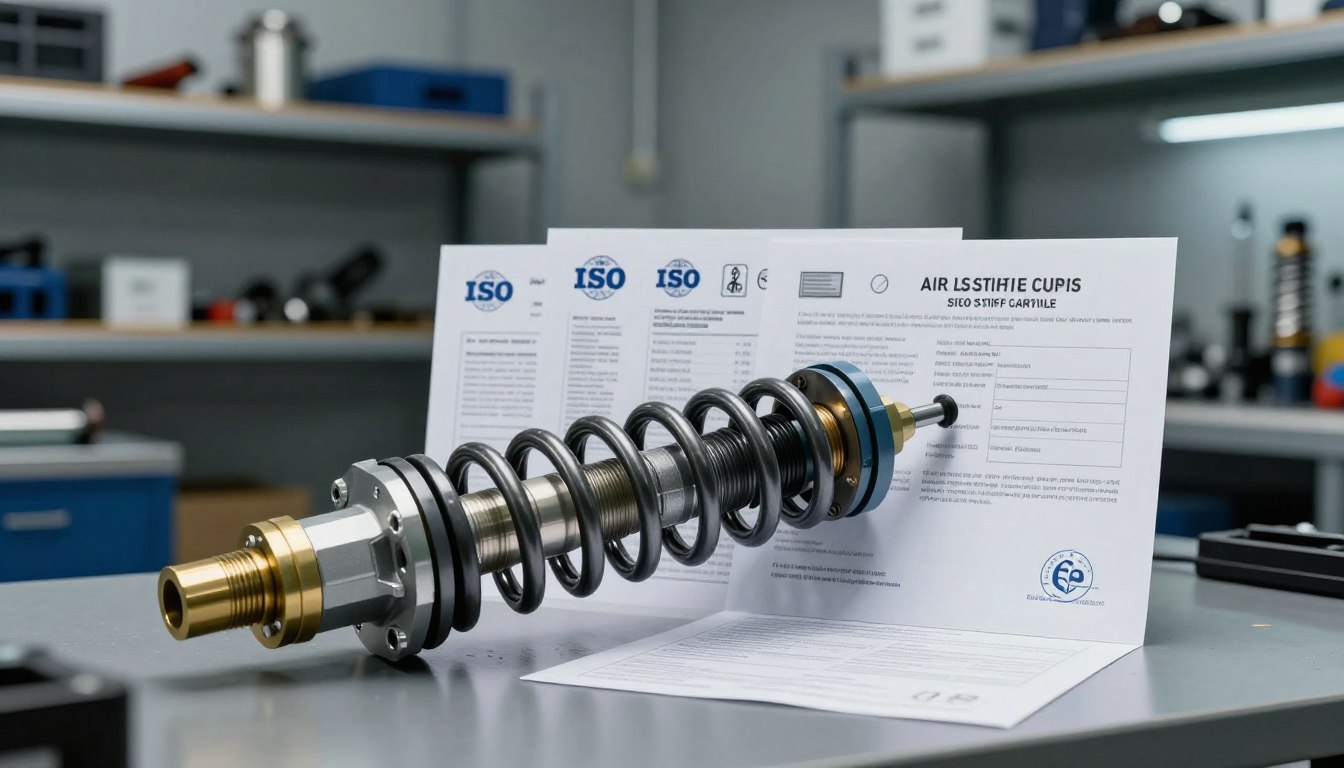 Industrial spring assembly with ISO certification documents on a workshop table.
