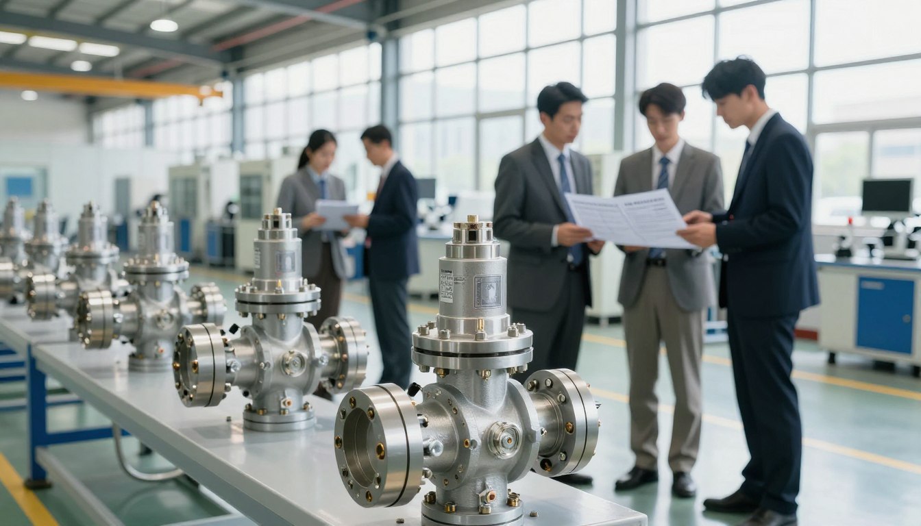 Engineers in a factory discussing documents near industrial valves.