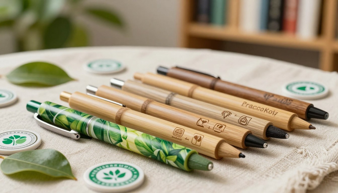 Eco-friendly pens made from bamboo and recycled materials, displayed on a textured fabric surface.