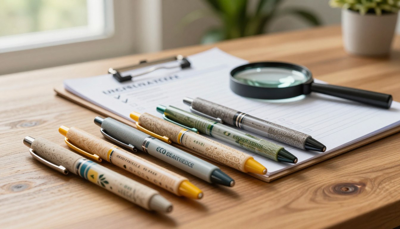 Eco-friendly pens on a clipboard with a magnifying glass.