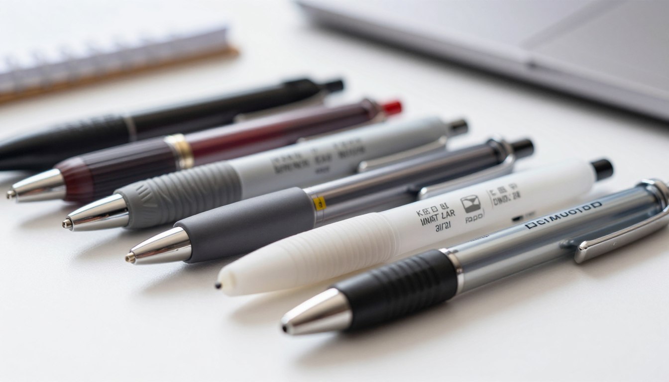 Various pens lined up on a desk beside a laptop.
