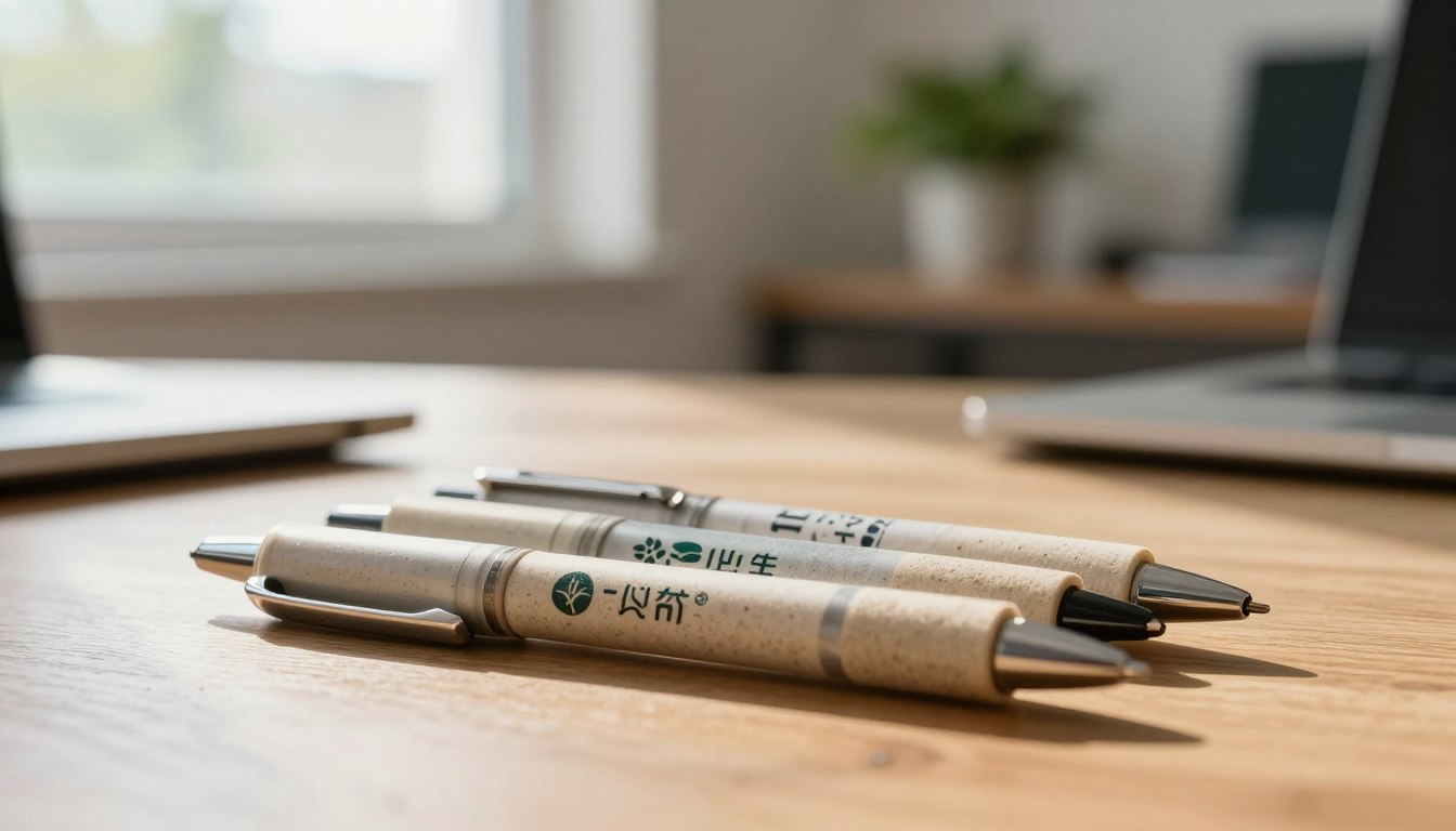 Eco-friendly pens on a wooden desk, with laptops and a plant blurred in the background.