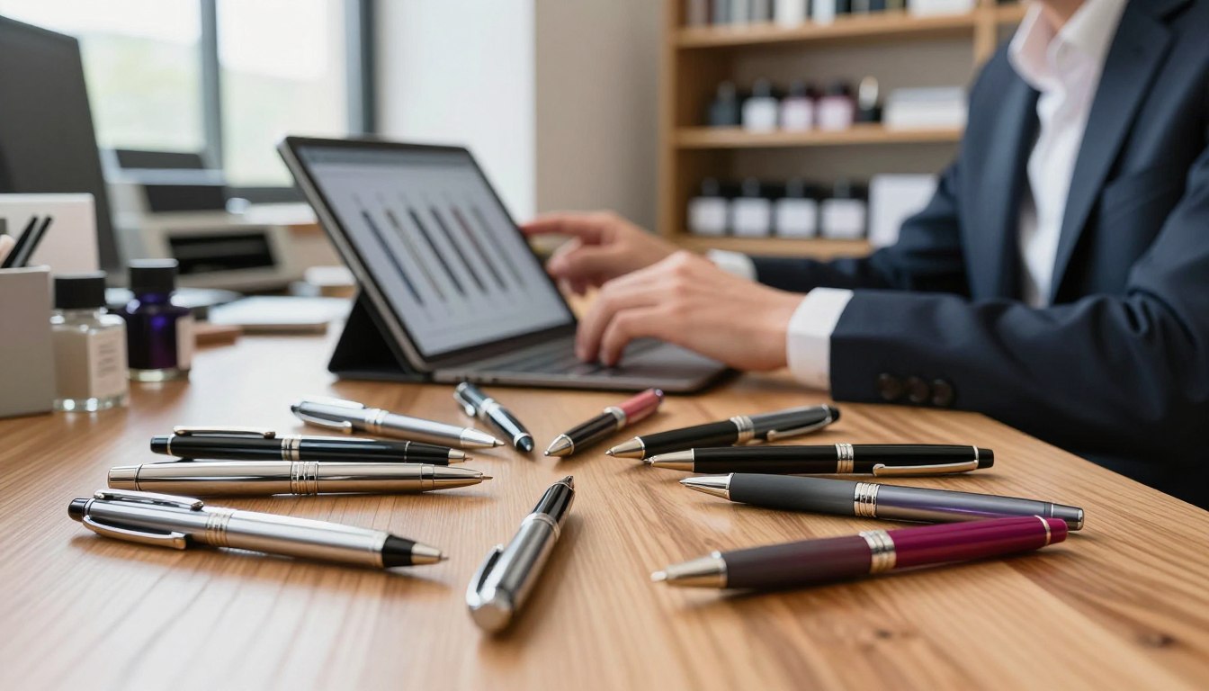 Person typing on laptop, pens scattered on desk in office setting.