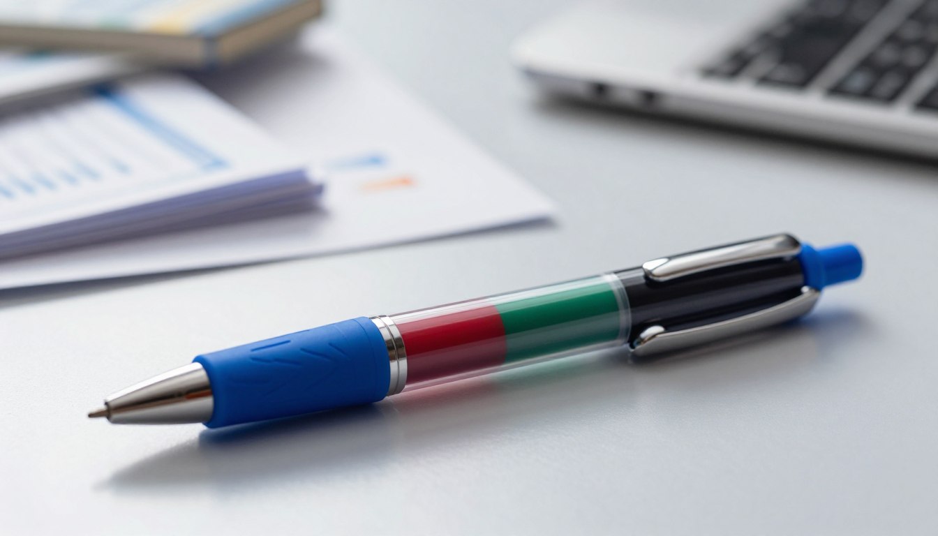 Multicolor pen with blue grip on a desk near papers and a laptop.