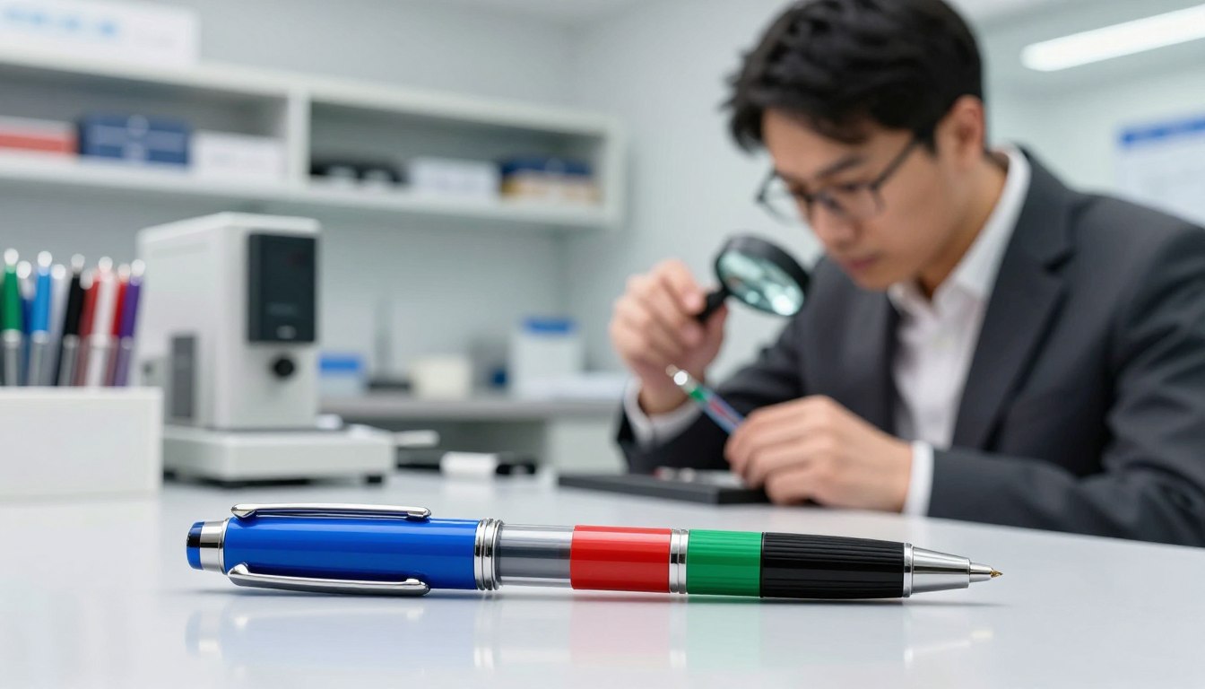 Multicolored pen on a white desk with office supplies and a person examining an object in the background.