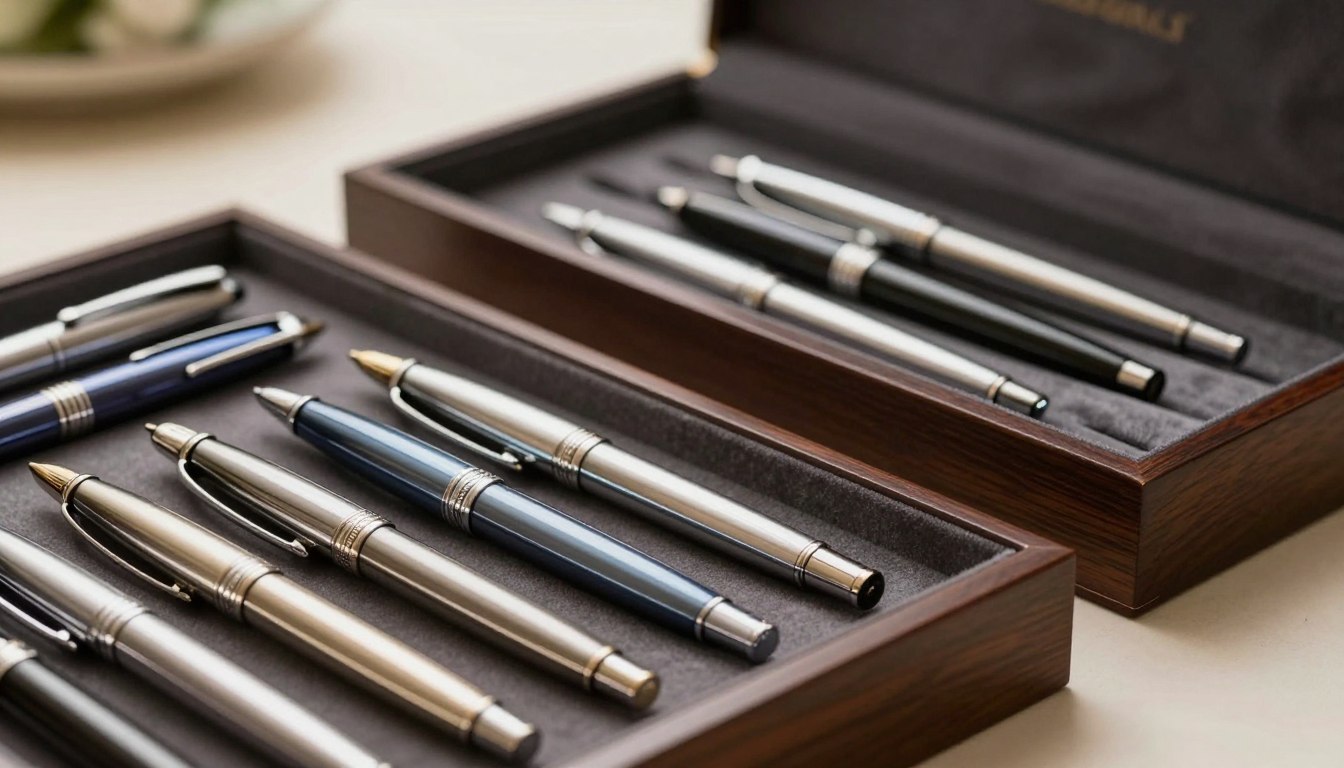 Elegant pens displayed in wooden boxes on a table.