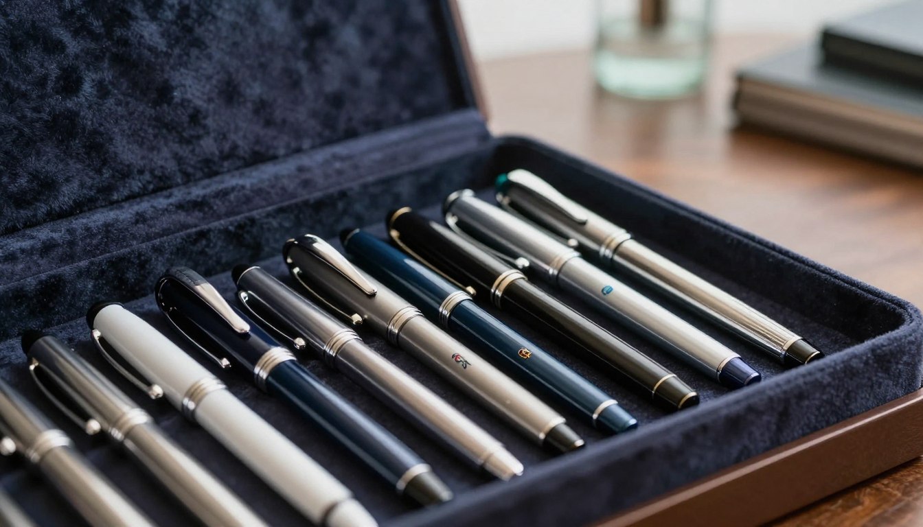 Luxury fountain pens arranged in a velvet-lined display case on a wooden desk.