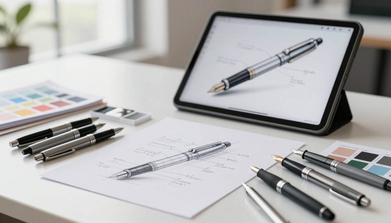 Tablet displaying pen design with sketches and pens on desk.