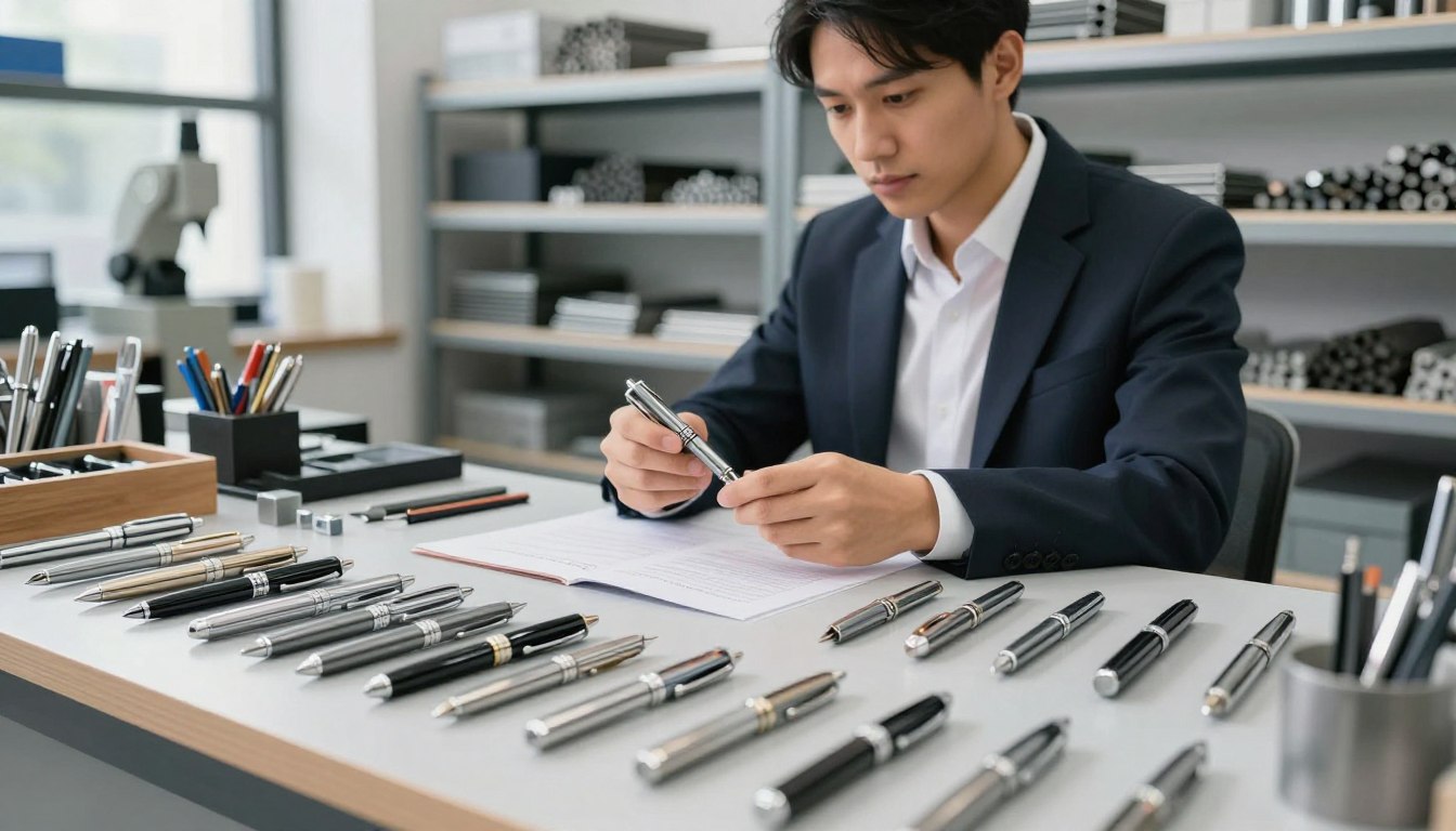 Man in suit examining various pens on desk.