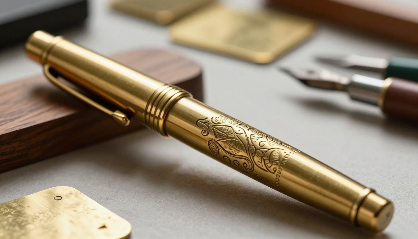 Engraved golden fountain pen with intricate floral design, placed on a desk with writing tools.