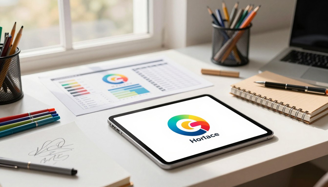 Tablet displaying a colorful logo with "Horace" on a desk, surrounded by office supplies and documents.