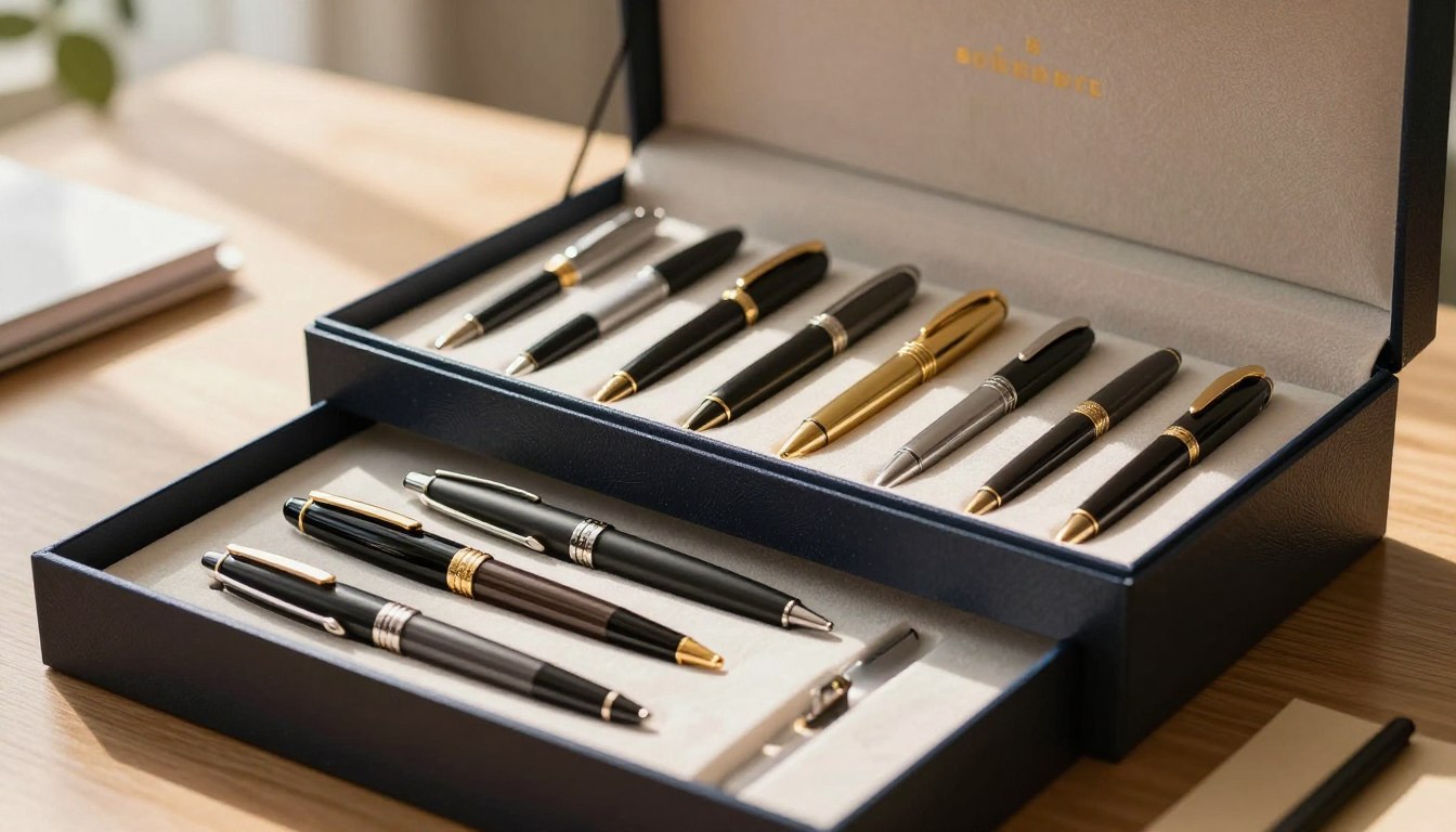 Luxury pen set in a navy blue box, featuring black and gold pens organized in two rows.