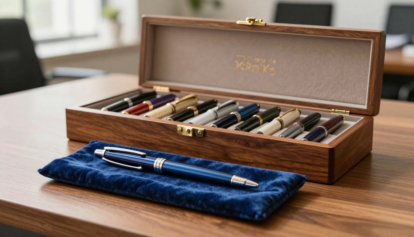 Wooden case with luxury pens on a desk, blue pen on velvet pouch.