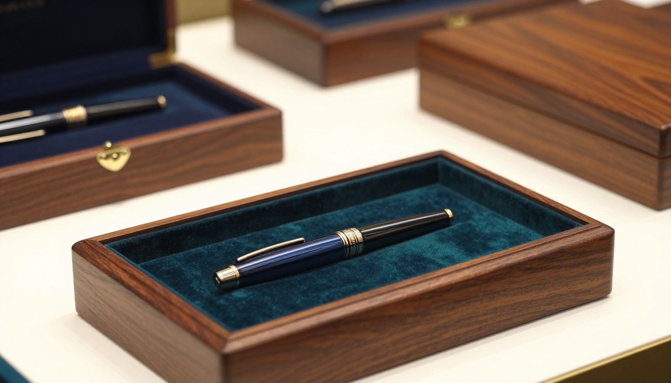 豪华钢笔，配有天鹅绒衬里的木盒。