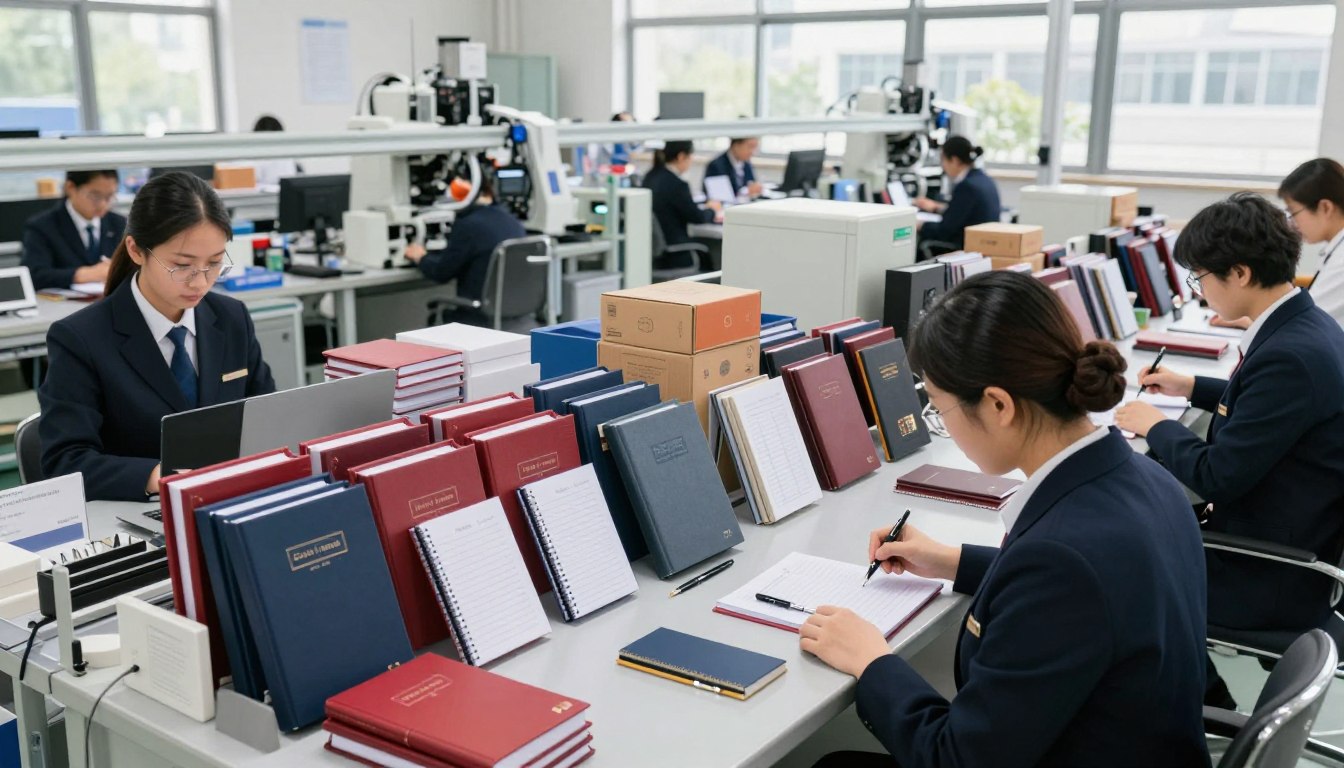 穿着正装的办公室职员在堆满笔记本和文件的桌子旁书写和工作。