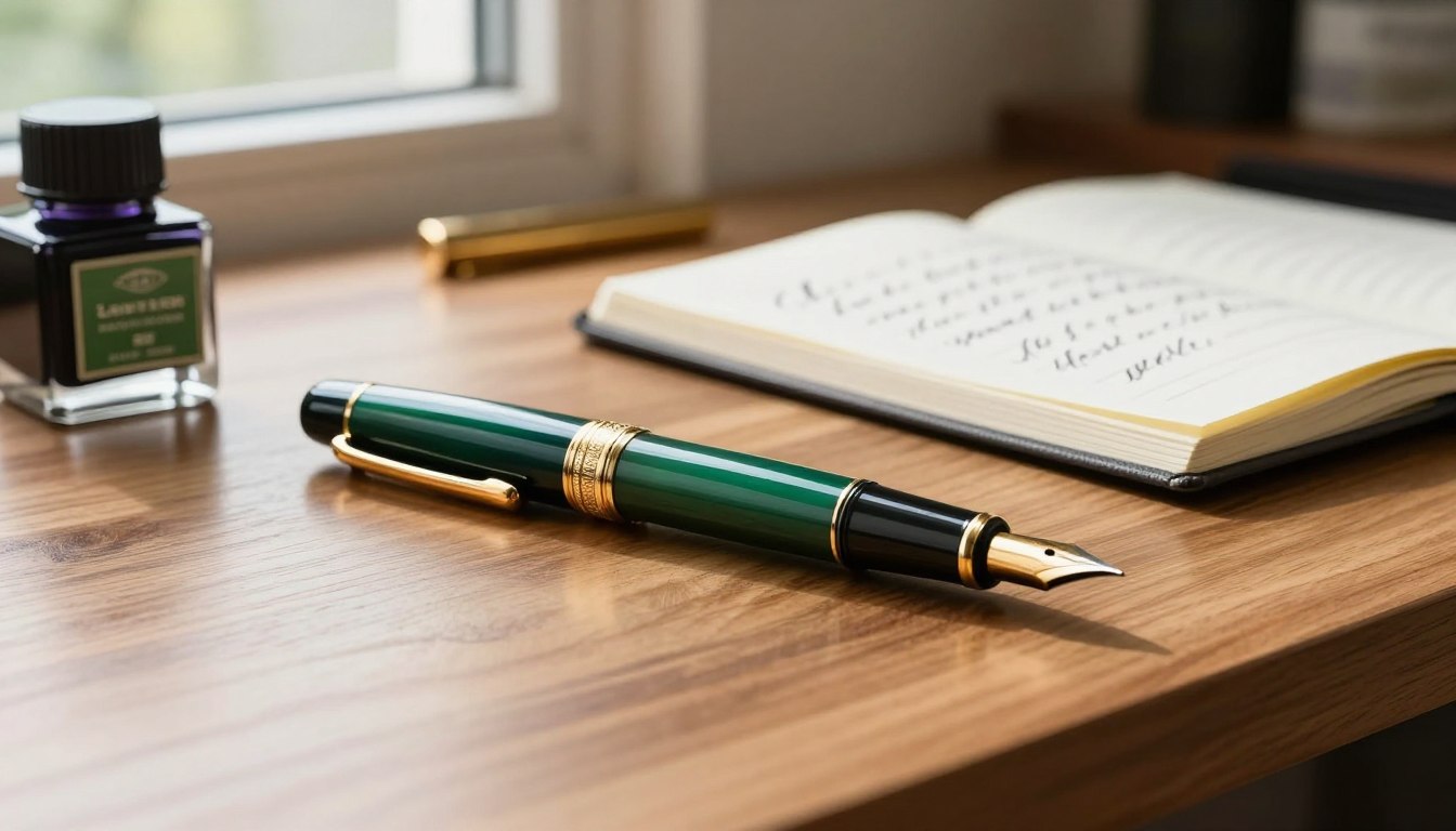 绿色笔杆的钢笔，放在木桌上，旁边是打开的笔记本和墨水瓶。