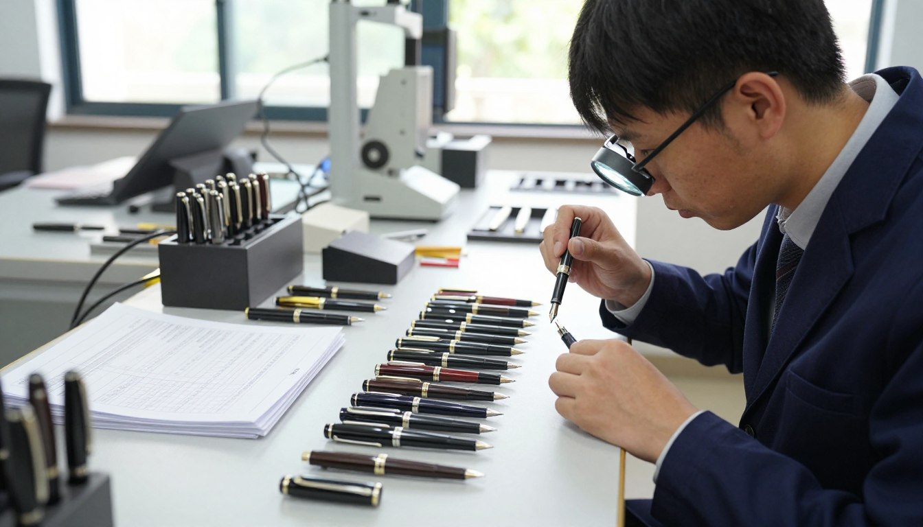 一个人在桌边检查钢笔，旁边放着显微镜。