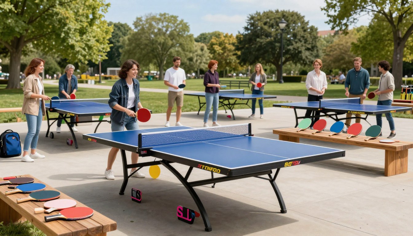 People playing table tennis outdoors in a park setting.