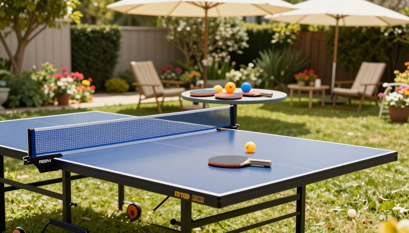 Outdoor ping pong table with paddles and balls, set in a garden with chairs, umbrellas, and flowers.