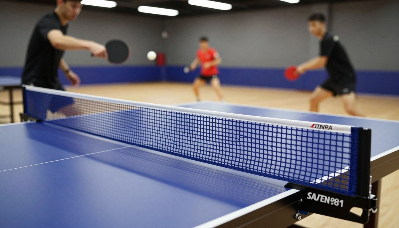 Two players in motion during an intense table tennis match indoors.