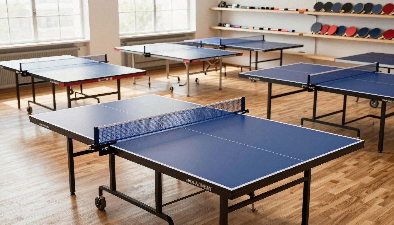 Blue table tennis tables in a bright room, with paddles on shelves.